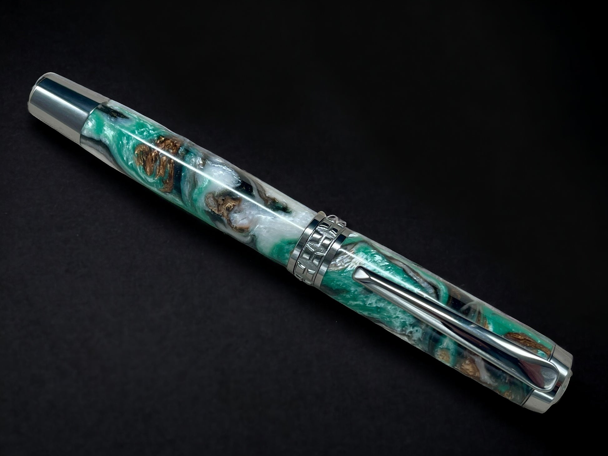 “Evergreen”, One of a Kind, Black Titanium “SKYE”, Handmade Acrylic Fountain Pen. Artisan Rare & Unique, Custom, Handcrafted in Colorado, USA. - HighlanderPen