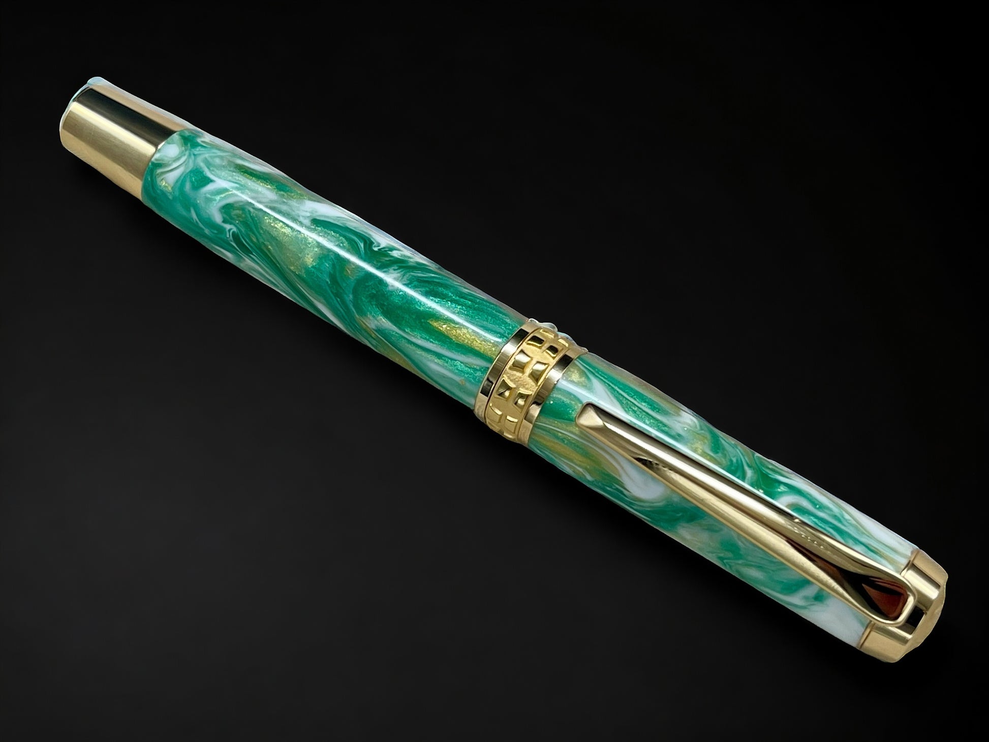 “Emerald Swirl”, One of a Kind, Handmade Custom Gold “SKYE” Fountain Pen. Artisan Rare & Unique, Completely Handcrafted  in Colorado, USA - HighlanderPen