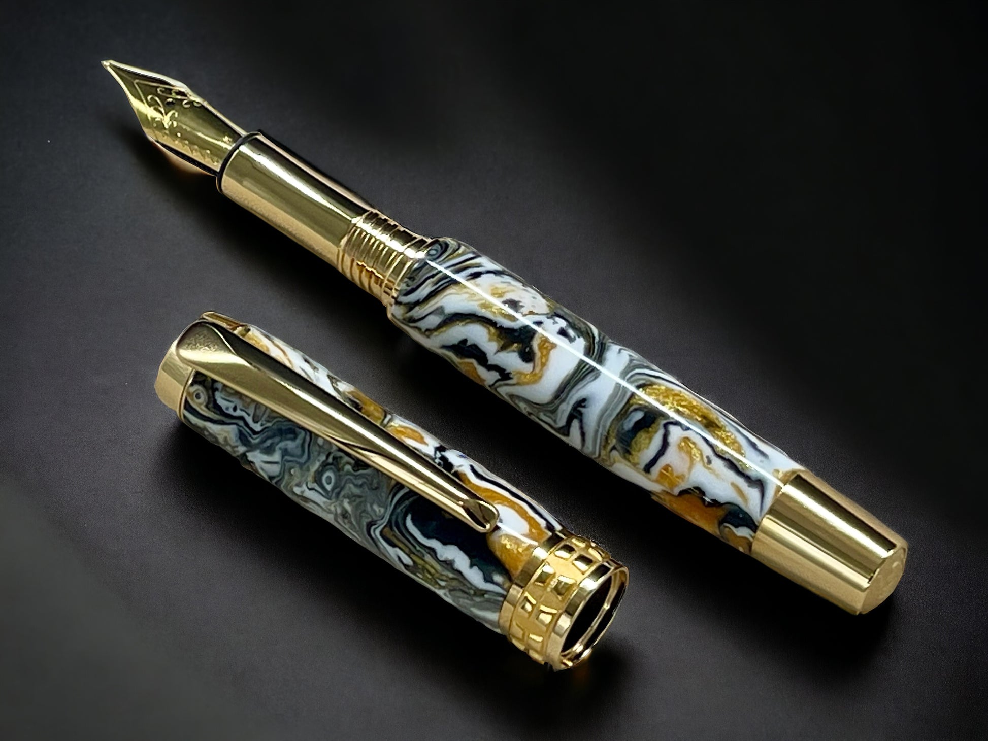 “Striking Swirl” Gold Fountain Pen, Artisan Handcrafted Writing Instrument. Simple to Use. Handmade with Custom Hardware in CO, One of a Kind. - HighlanderPen