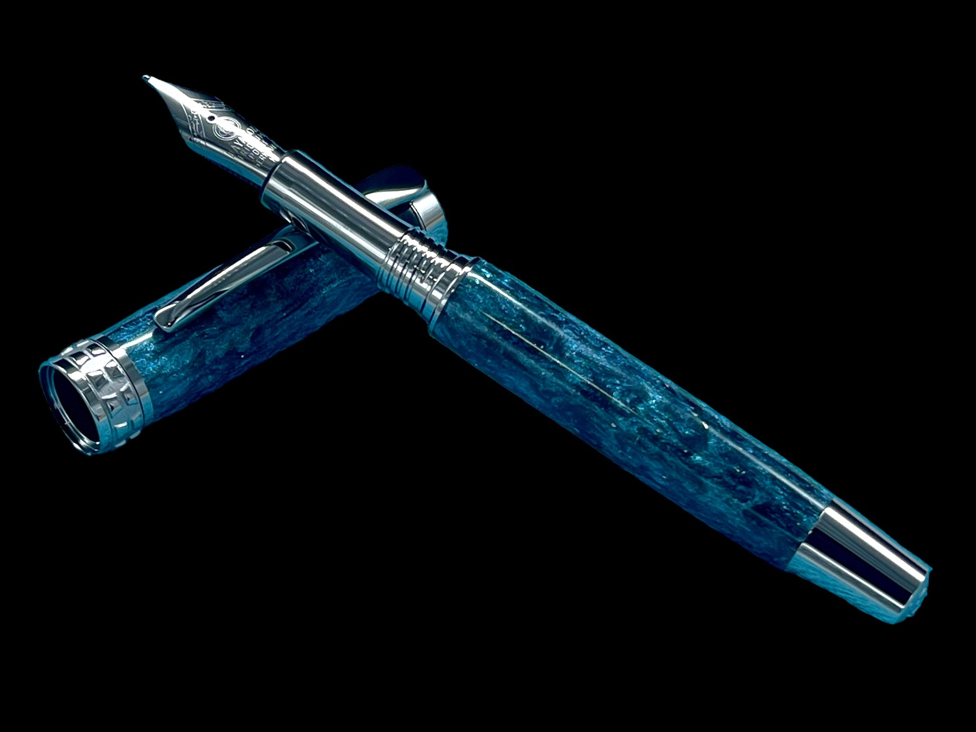 Elegant "Galactic Teal" Handcrafted Black Titanium Fountain Pen. One of a Kind. Handmade in Colorado. Ink, Converter, Sleeve & Box Included. - HighlanderPen