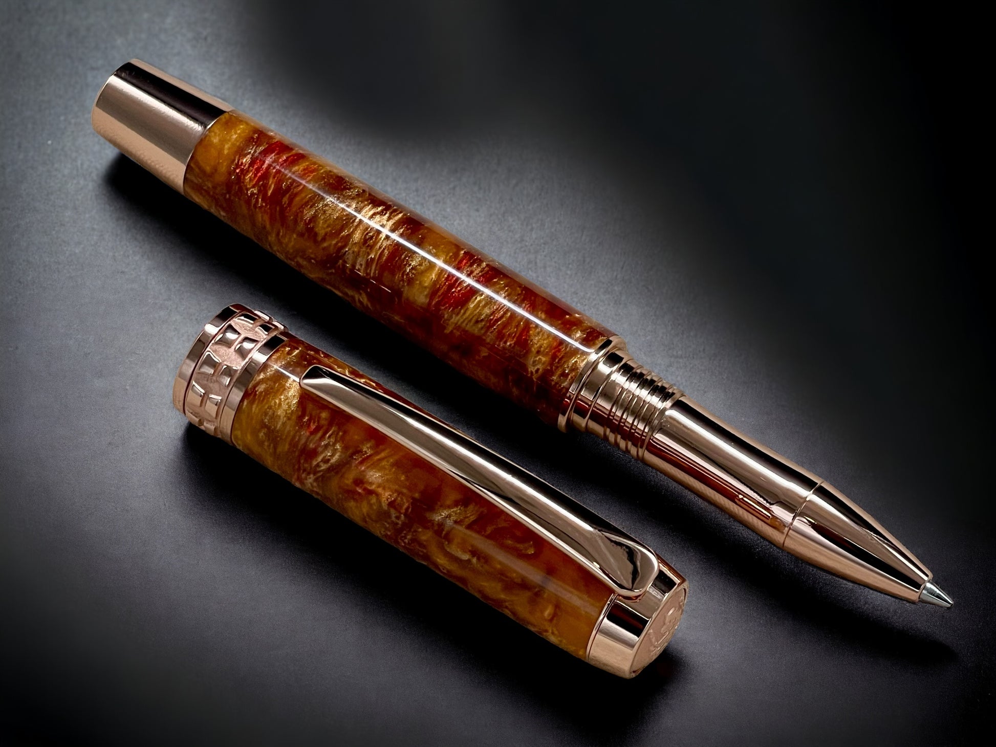 “Copper on Fire”, One of a Kind, Rose Gold, Handmade Custom Acrylic Rollerball Pen. Artisan Rare & Unique, Completely Handcrafted  in Co, US - HighlanderPen