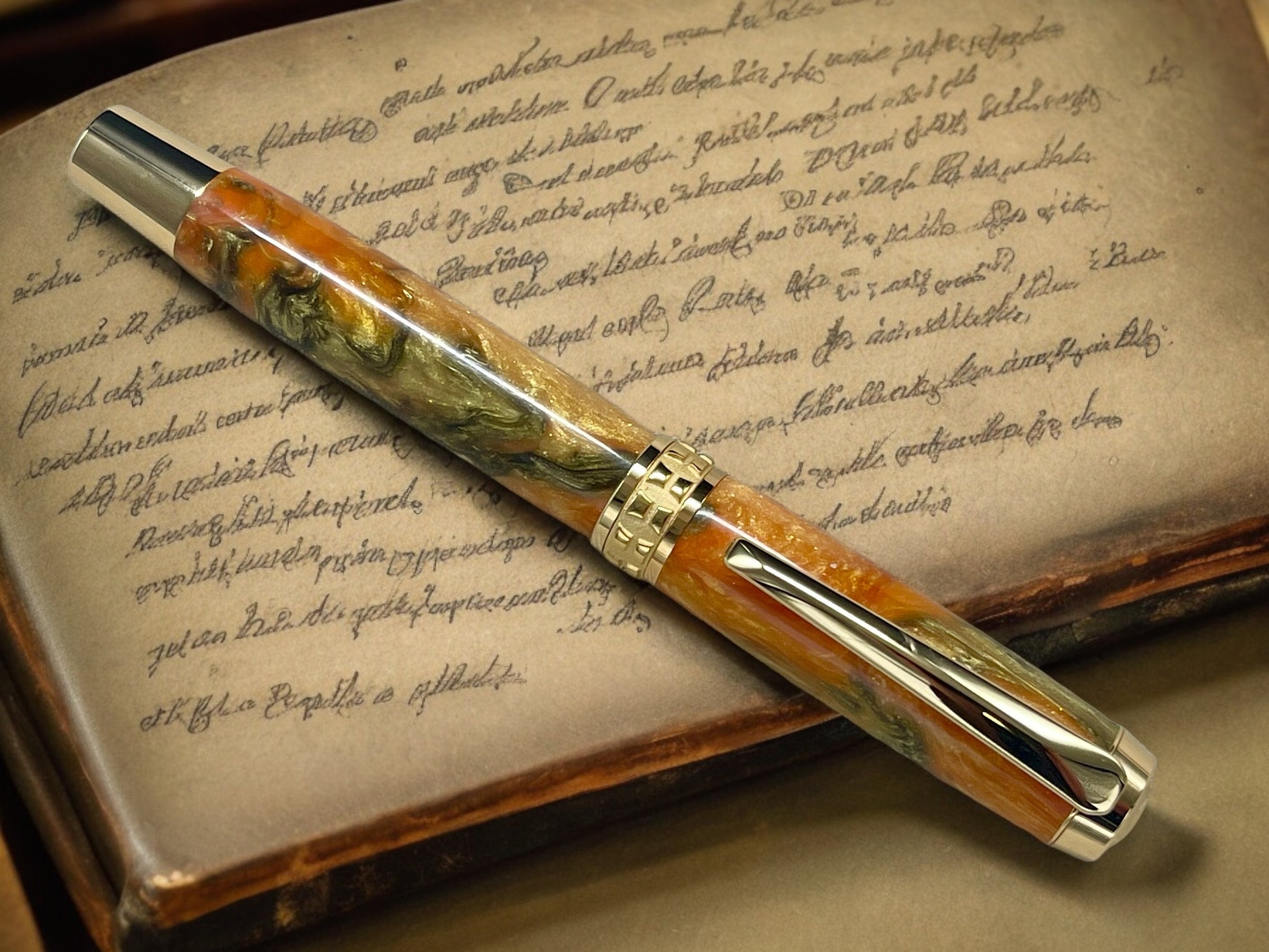 Striking “Orange Gold Swirl” Gold Fountain Pen, Artisan Handcrafted Writing Instrument. Simple to Use. Handmade with Custom Hardware in CO. - HighlanderPen