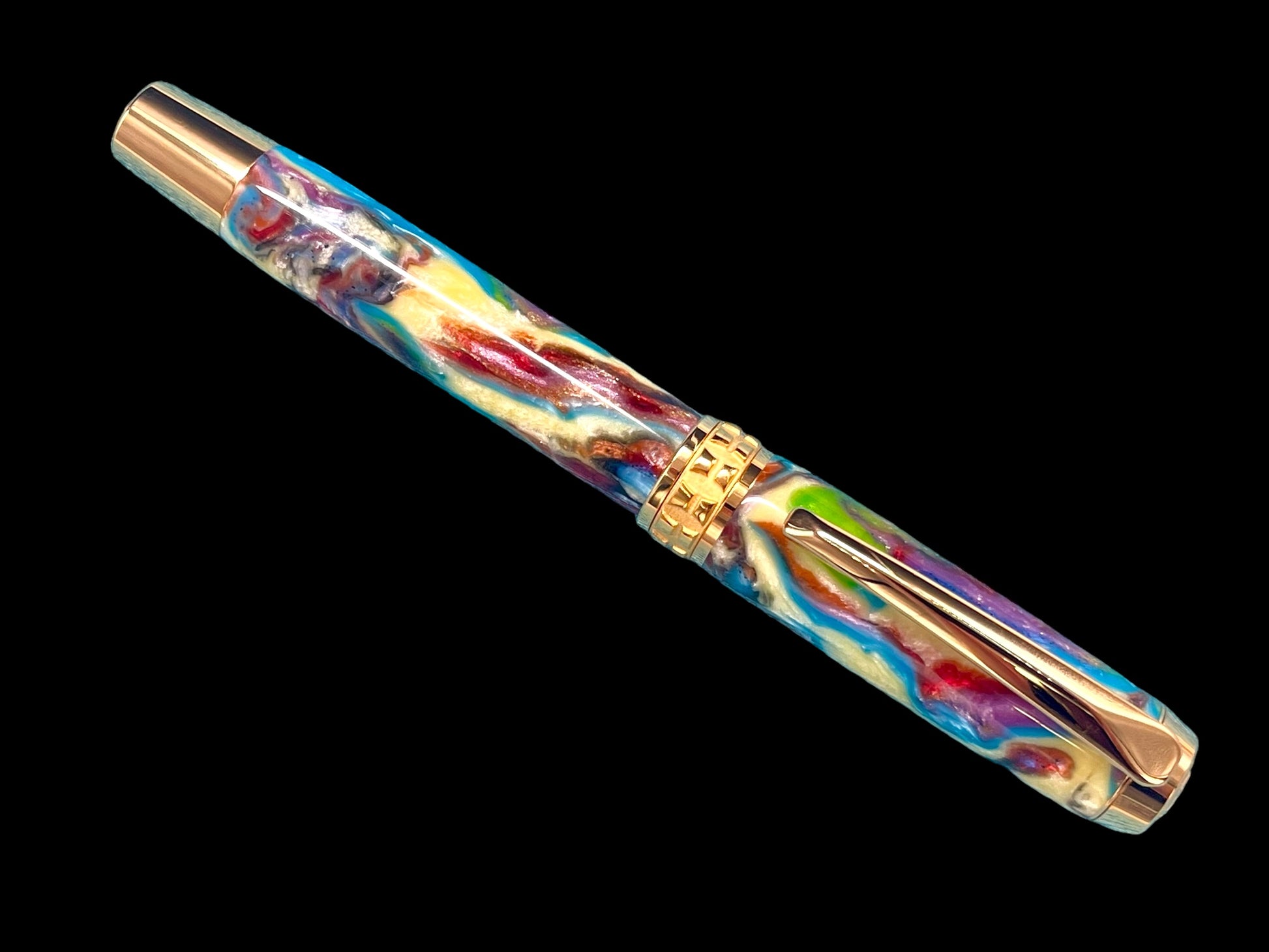 Striking “Color Swirls” Handcrafted Gold Rollerball Pen, One of a Kind, Handmade in Colorado. Ink, Velvet Sleeve, and Pen Box Included. - HighlanderPen