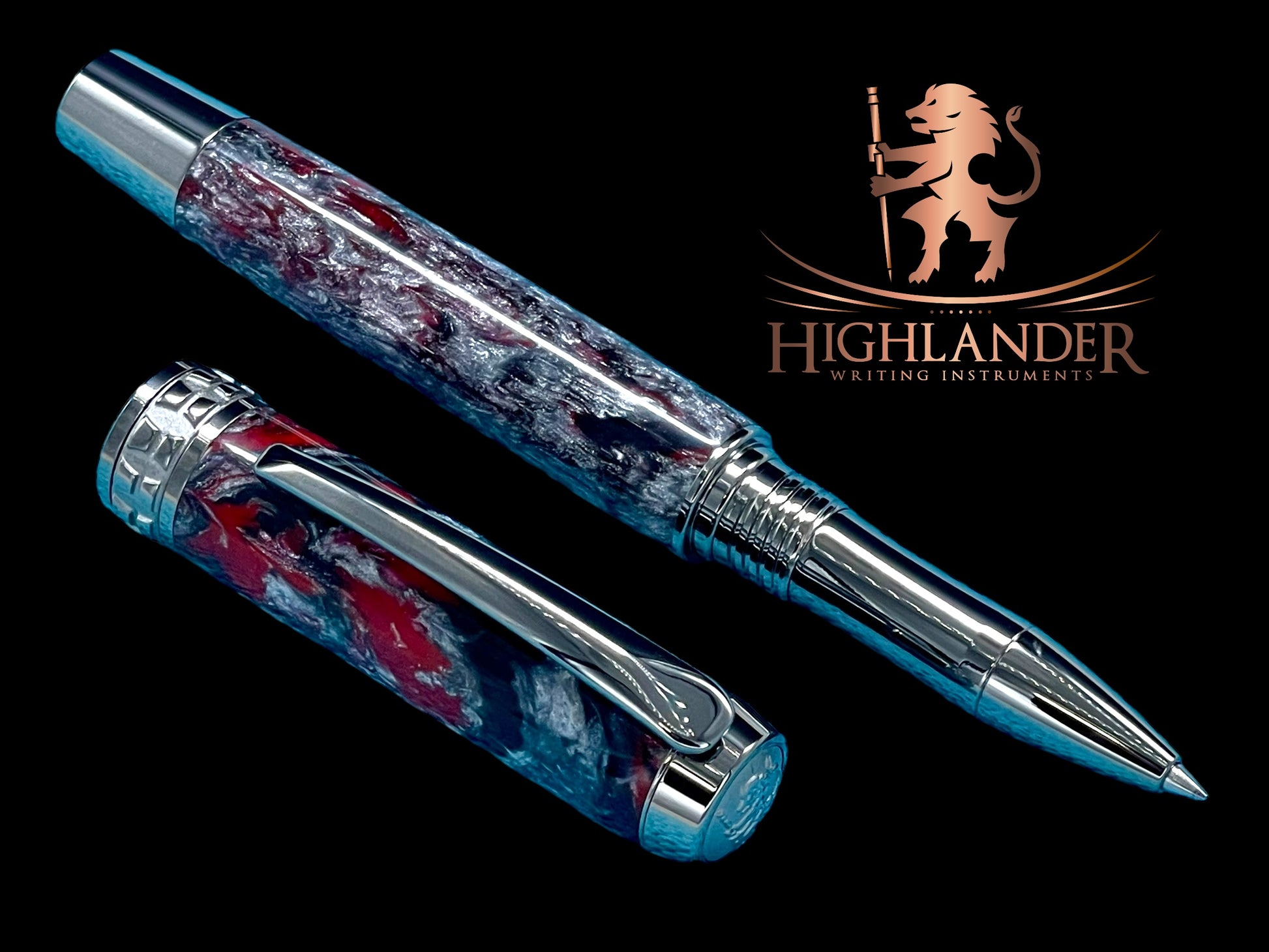 Elegant Red, Black and Silver Black Titanium Acrylic Rollerball Pen, Artisan Handcrafted Writing Instrument. Handmade in CO. One of a Kind. - HighlanderPen