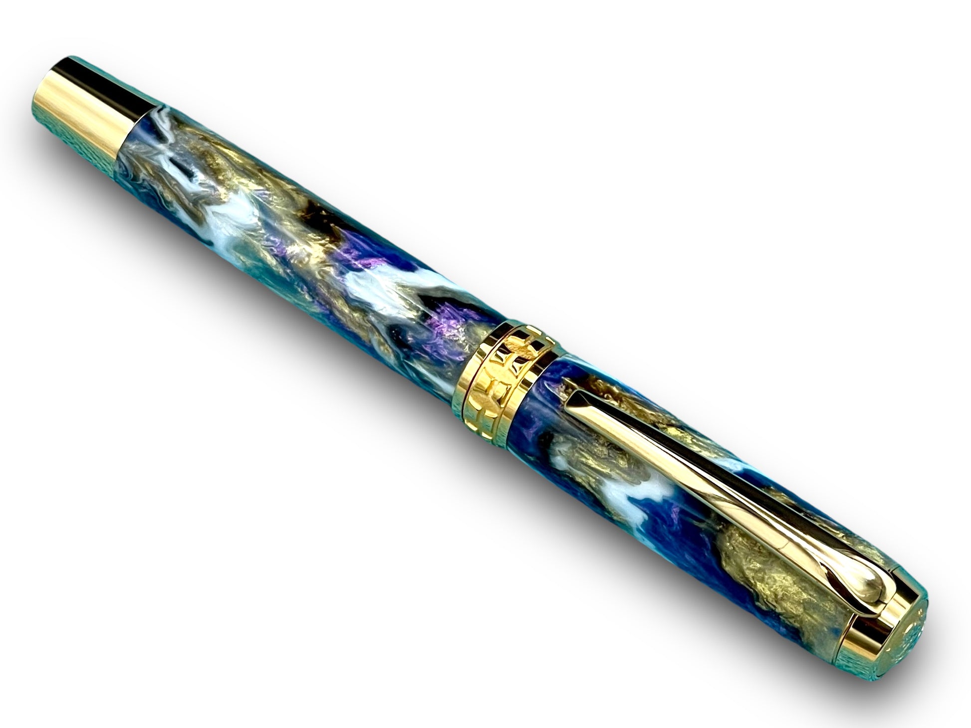 Elegant “Purple and Gold” Handcrafted Luxury Gold Fountain Pen, One of a Kind, Handmade in Colorado. Ink, Converter, Sleeve, & Box Included. - HighlanderPen