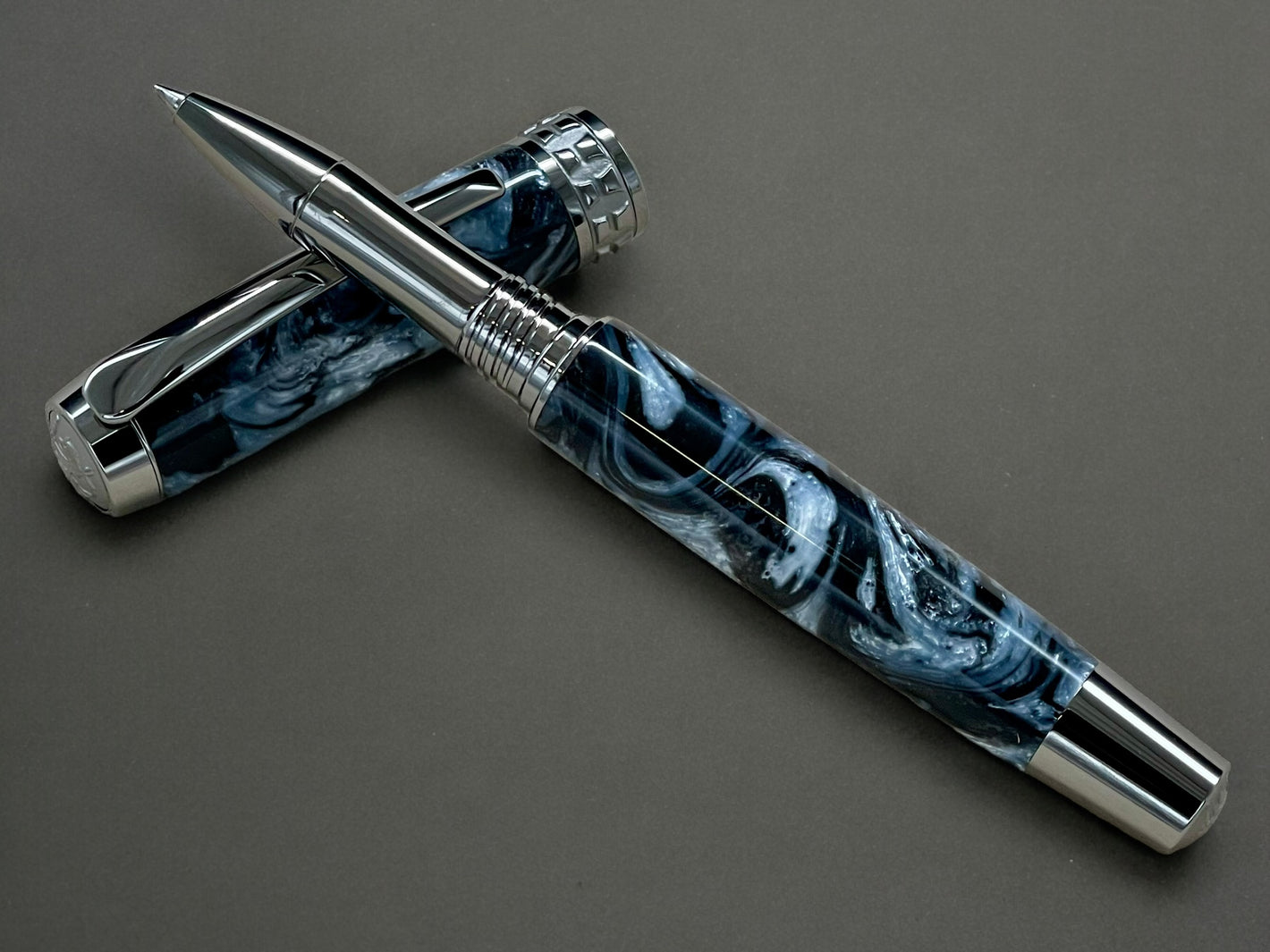 “Black And Pearl” Black Titanium Rollerball Pen, Artisan Handcrafted Writing Instrument. Handmade with Custom Hardware in CO. One of a Kind. - HighlanderPen