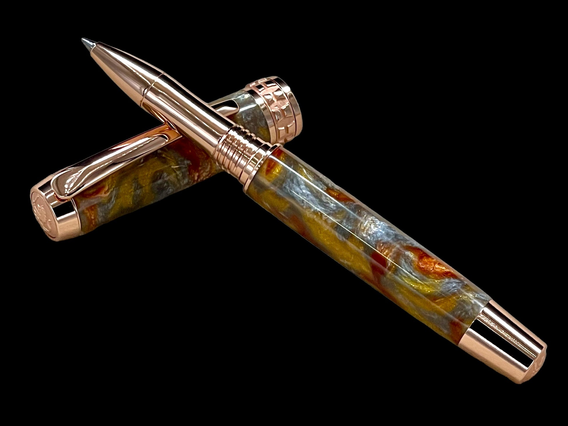 Striking “Molten Metals” Rose Gold Acrylic Rollerball Pen, Artisan Handcrafted Writing Instrument. Handmade Custom in CO USA. One of a Kind. - HighlanderPen