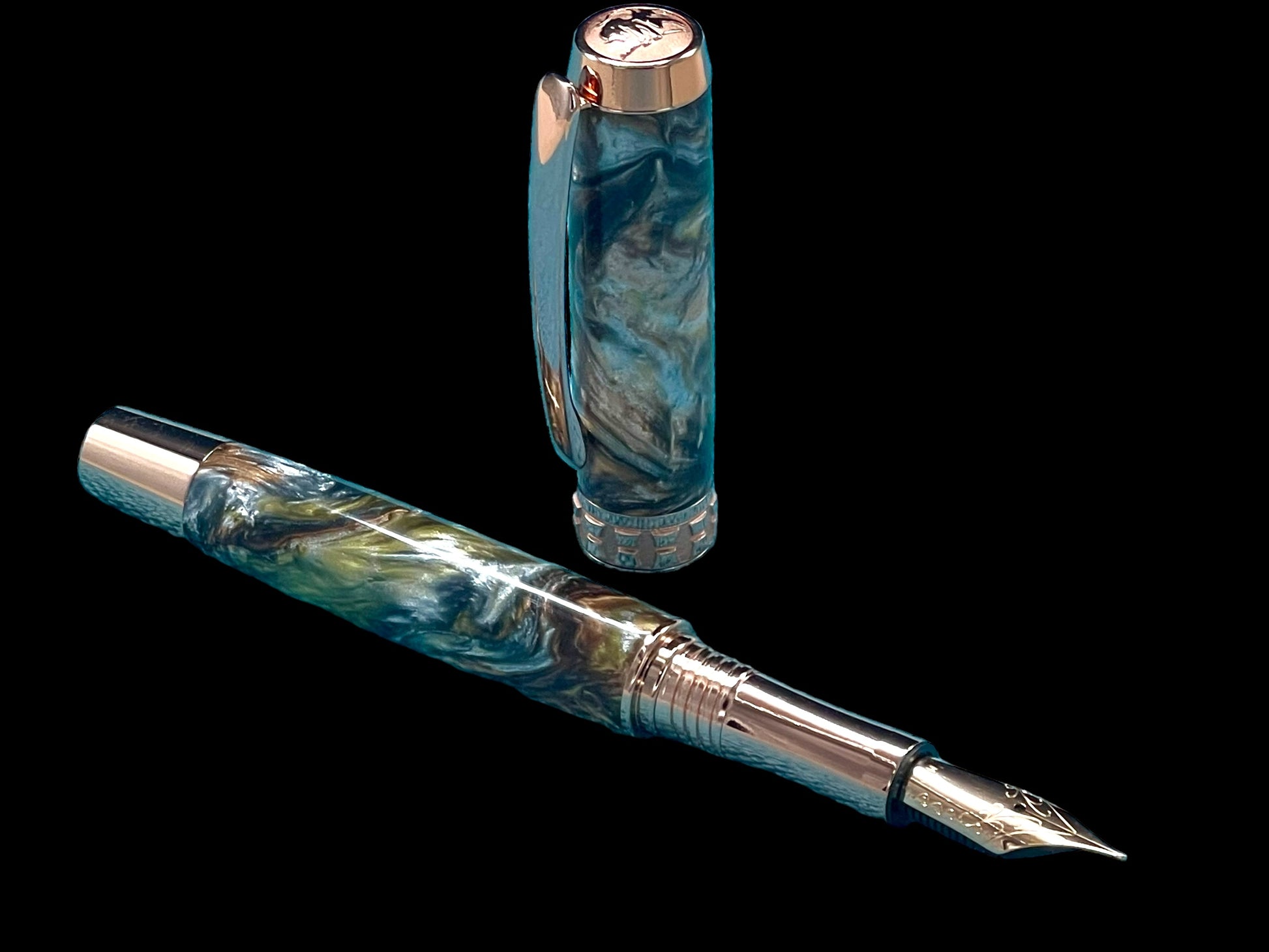 Striking “Molten Metals” Acrylic Rose Gold Fountain Pen, One of a Kind, Handmade in Colorado. Ink, Converter, Pen Sleeve & Box Included. - HighlanderPen