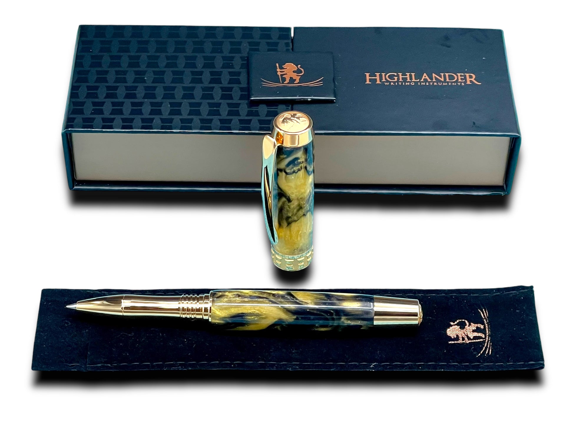 Elegant “Gold Swirl” Handcrafted Gold Rollerball Pen, One of a Kind, Handmade in Colorado. Ink, Velvet Sleeve, and Pen Box Included. - HighlanderPen