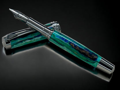 Green Stripe, One of a Kind “SKYE” Black Titanium Handmade Fountain Pen. Artisan Rare & Completely Custom, Handcrafted in Colorado, USA. - HighlanderPen