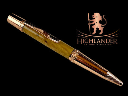 Rose Gold Exotic Figured Camphor Handmade Glasgow Ballpoint Pen. One of a Kind, Handcrafted by Highlander Pen. Box, Ink, & Sleeve Included. [ML-BP-1209-04]