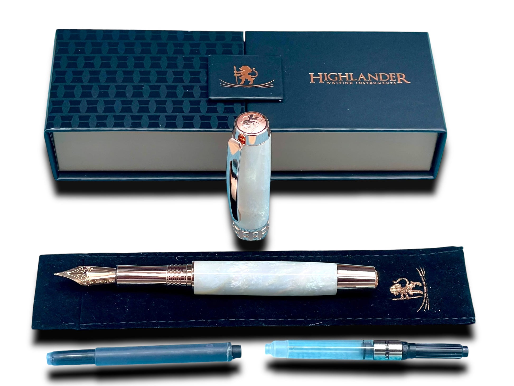 Elegant “Pearly Opal Acrylic” Rose Gold Fountain Pen, One of a Kind, Handmade in Colorado. Ink, Converter, Pen Sleeve & Box Included. - HighlanderPen