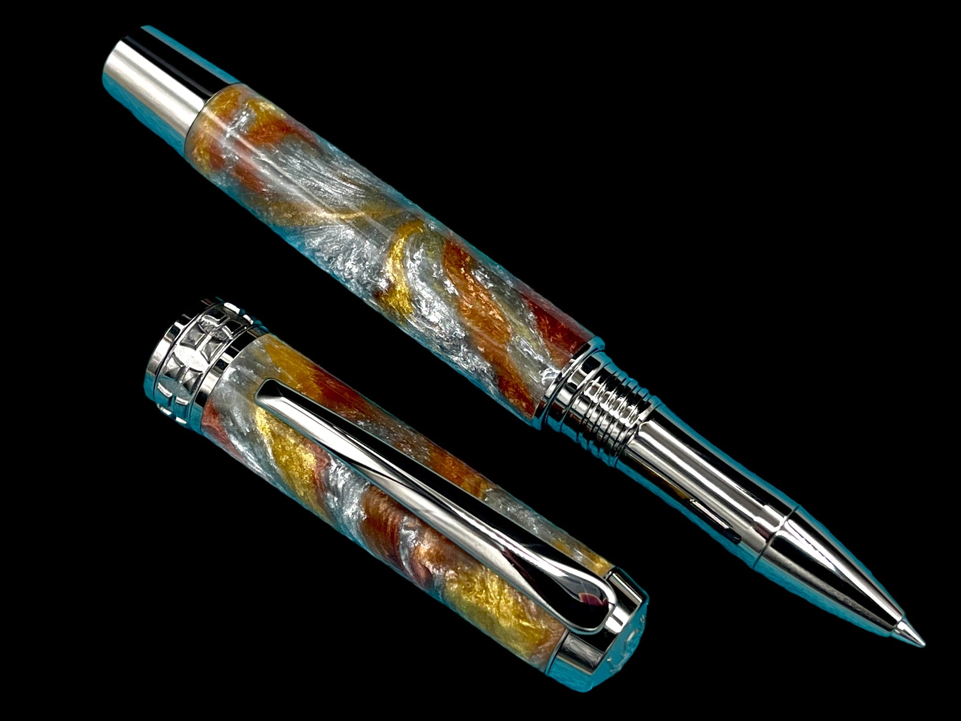 Striking “Molten Metals” Black Titanium Acrylic Rollerball Pen, Handcrafted Writing Instrument. Handmade in CO. With Ink, Sleeve, & Box. - HighlanderPen