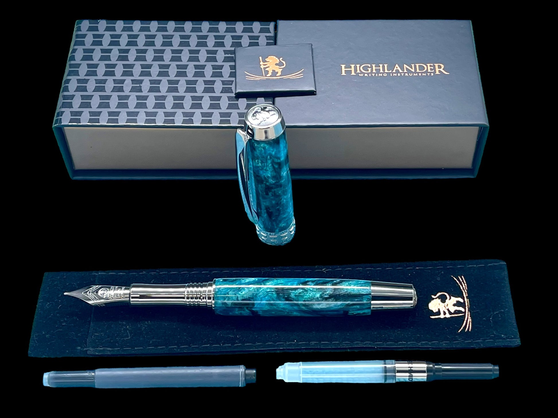 Elegant "Deep Teal" Handcrafted Black Titanium Fountain Pen. One of a Kind. Handmade in Colorado. Ink, Converter, Sleeve & Box Included. - HighlanderPen