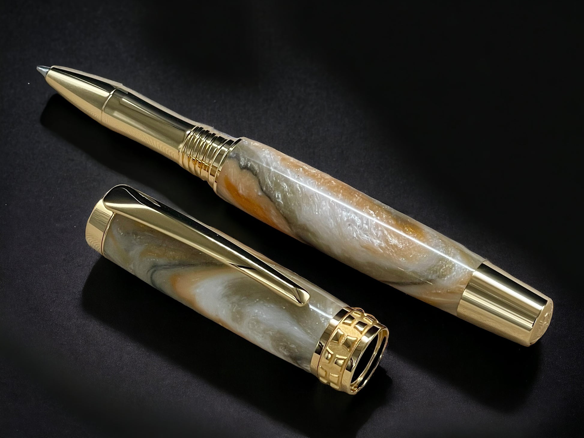 “Peach Swirl”, One of a Kind Gold SKYE, Handmade Custom Acrylic Rollerball Pen. Artisan Rare & Unique, Completely Handcrafted  in Co, USA - HighlanderPen