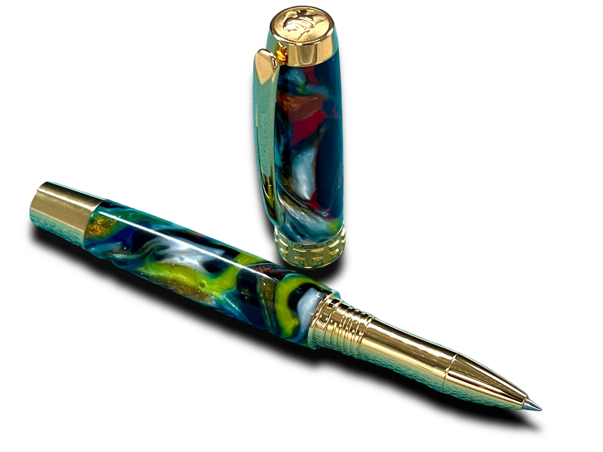 Elegant “Bright Swirls” Handcrafted Gold Rollerball Pen, One of a Kind, Handmade in Colorado. Ink, Velvet Sleeve, and Pen Box Included. - HighlanderPen