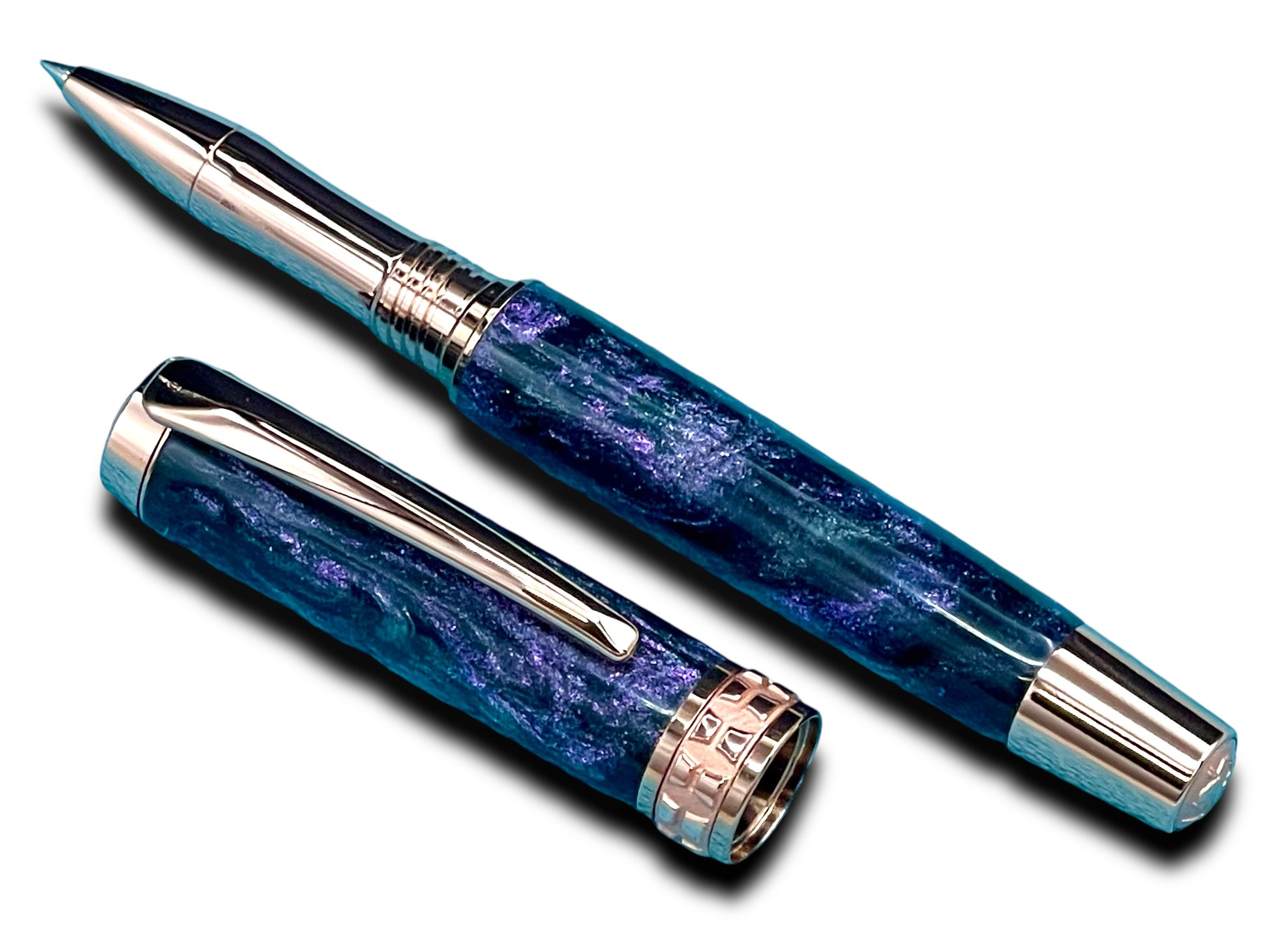 Elegant “Galactic Purple”, Rose Gold Acrylic Rollerball Pen, Artisan Handcrafted Writing Instrument. One of a Kind, with Box, Sleeve, & Ink. - HighlanderPen