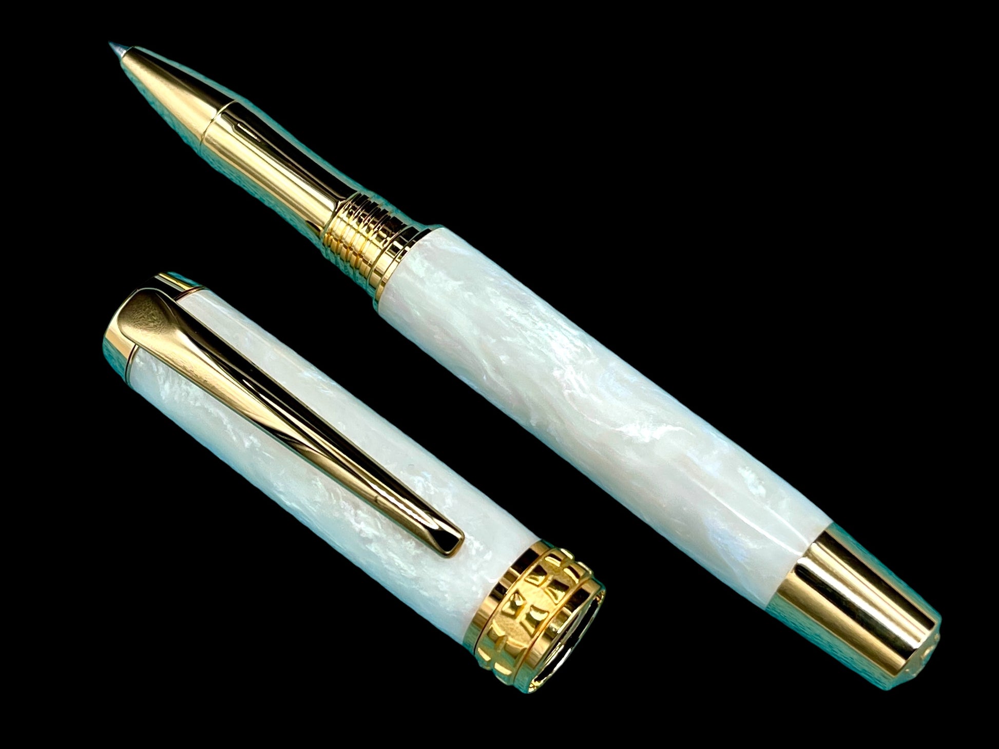 Elegant “Pearly Opal” Acrylic Handcrafted Gold Rollerball Pen, One of a Kind, Handmade in Colorado. Ink, Velvet Sleeve, & Pen Box Included. - HighlanderPen