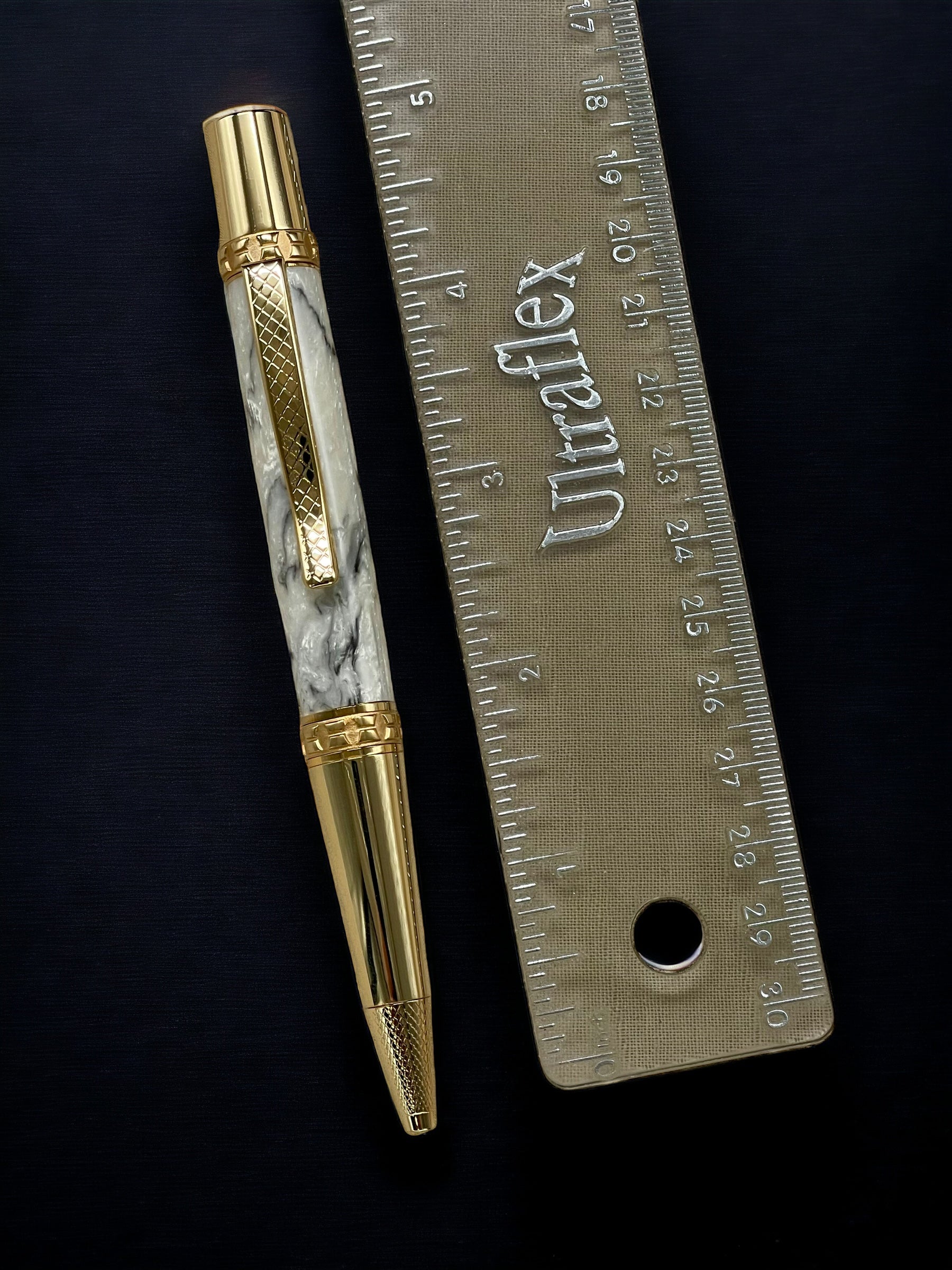 White and Black Marble, One of a Kind, Gold, Pearlescent Acrylic Ballpoint Pen. Custom Handcrafted, Artisan Rare, Handmade in Colorado. - HighlanderPen