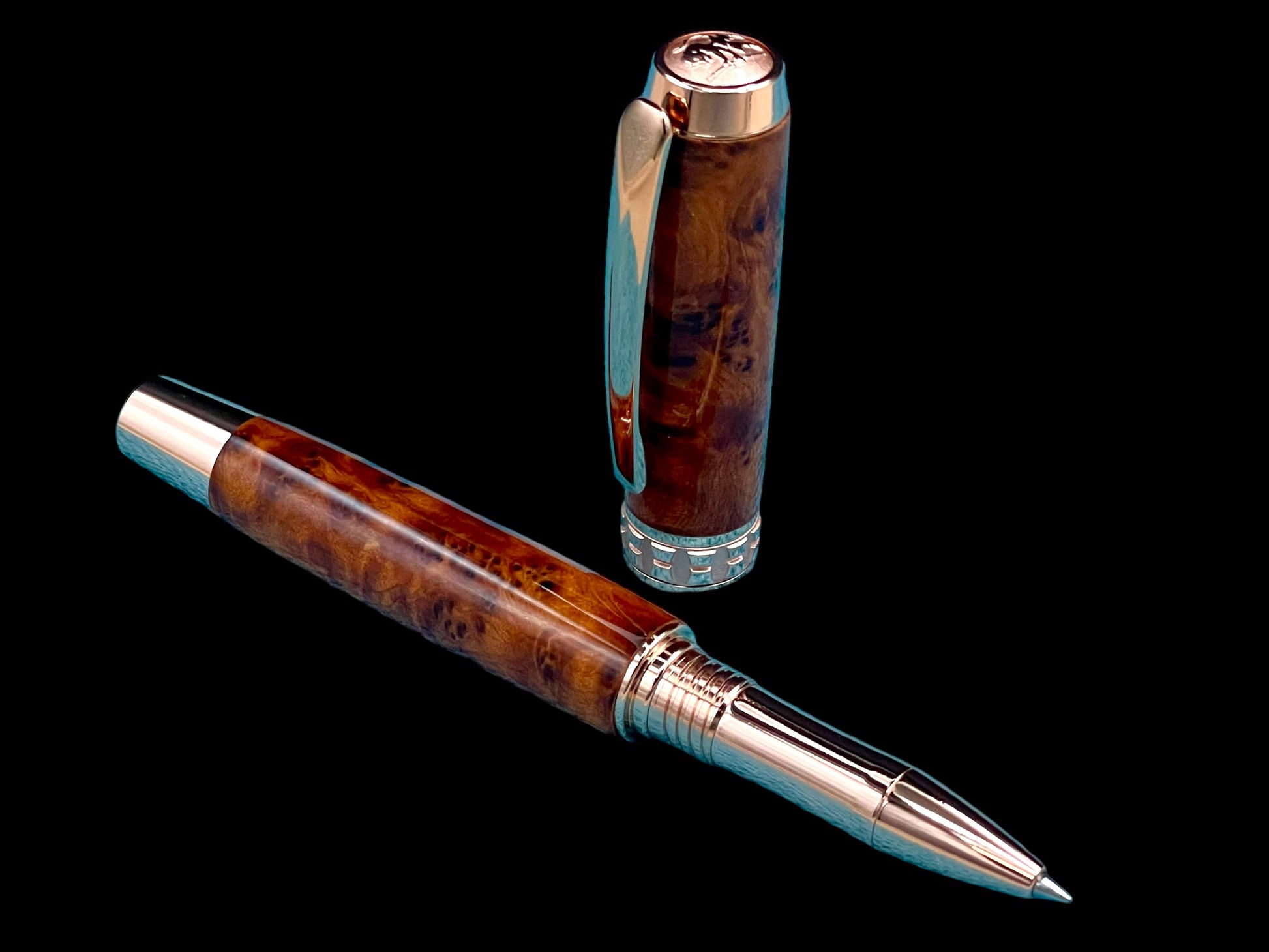 Exotic Thuya Burl Wood~Highlander Rose Gold Rollerball Pen, Artisan Handcrafted Writing Instrument. One of a Kind, with Box, Sleeve, & Ink. (ML-RB-0926-01) - HighlanderPen