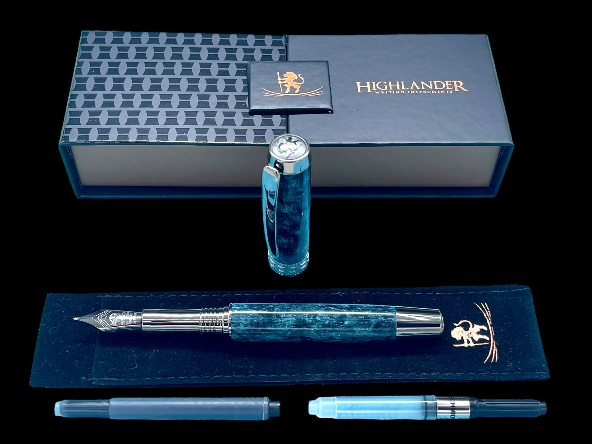 Elegant "Galactic Teal" Handcrafted Black Titanium Fountain Pen. One of a Kind. Handmade in Colorado. Ink, Converter, Sleeve & Box Included. - HighlanderPen