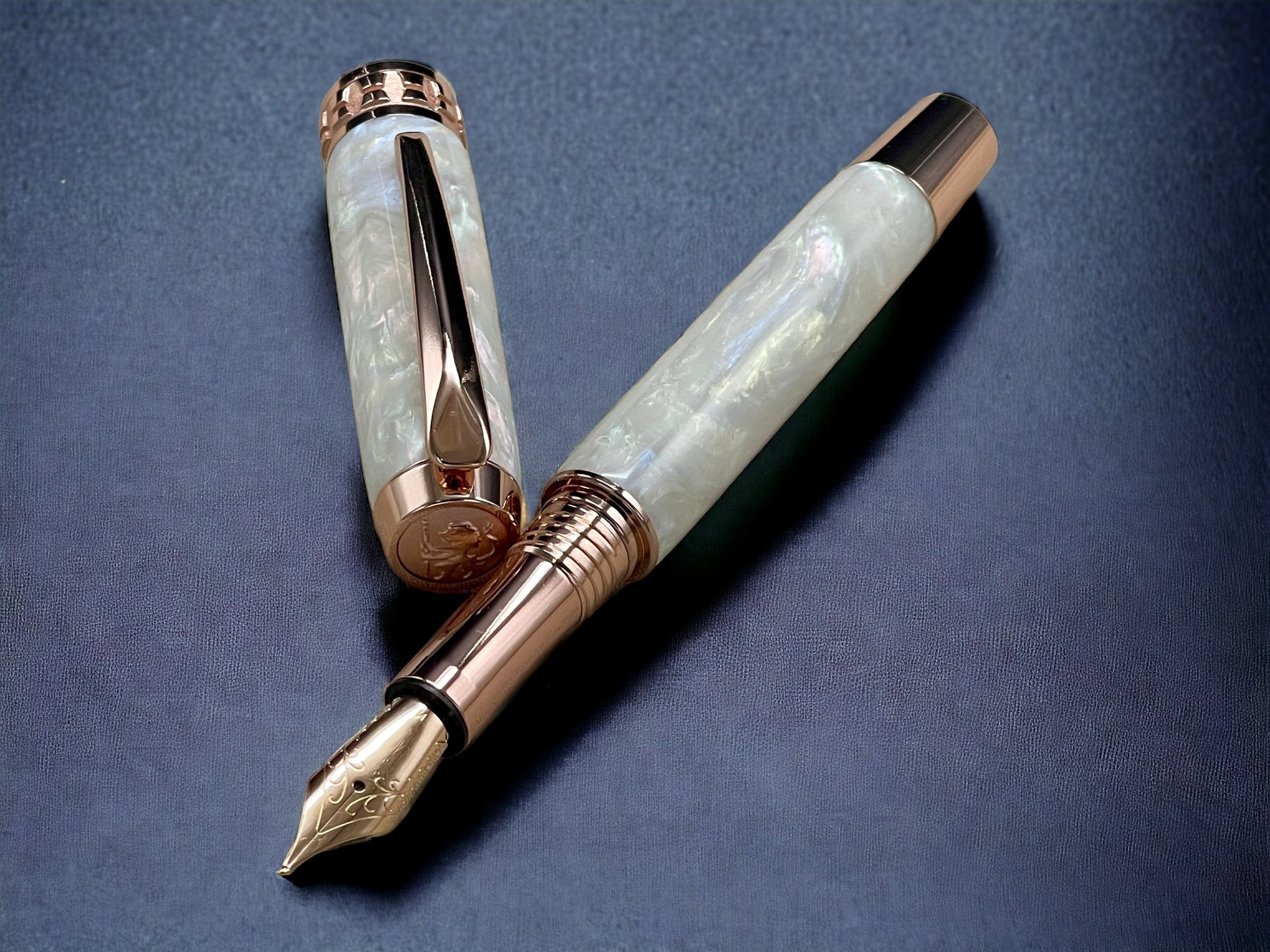 “Pearly Opal”, One of a Kind, Rose Gold, Handmade Custom Acrylic Fountain Pen. Artisan Rare & Unique, Completely Handcrafted in Colorado, USA - HighlanderPen