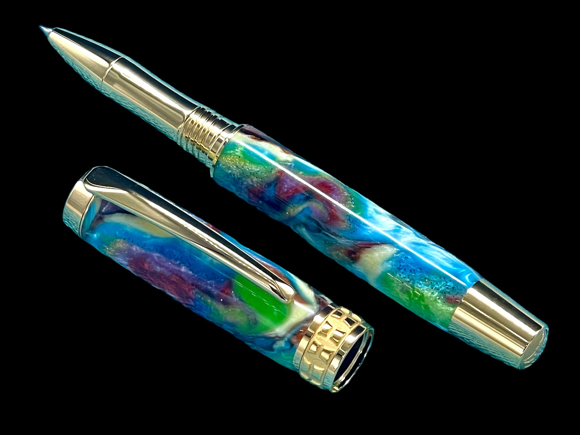 Striking “Color Swirls” Handcrafted Gold Rollerball Pen, One of a Kind, Handmade in Colorado. Ink, Velvet Sleeve, and Pen Box Included. - HighlanderPen