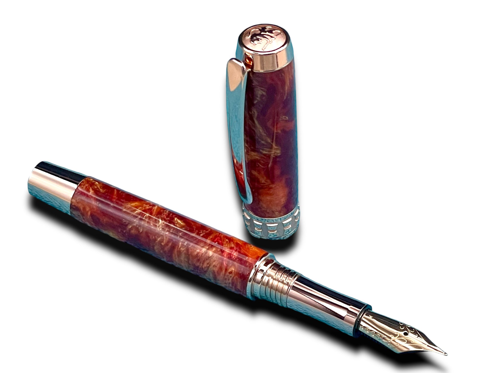 Striking “Copper on Fire” Rose Gold Fountain Pen, One of a Kind, Handmade in Colorado. Ink, Converter, Pen Sleeve & Box Included. - HighlanderPen