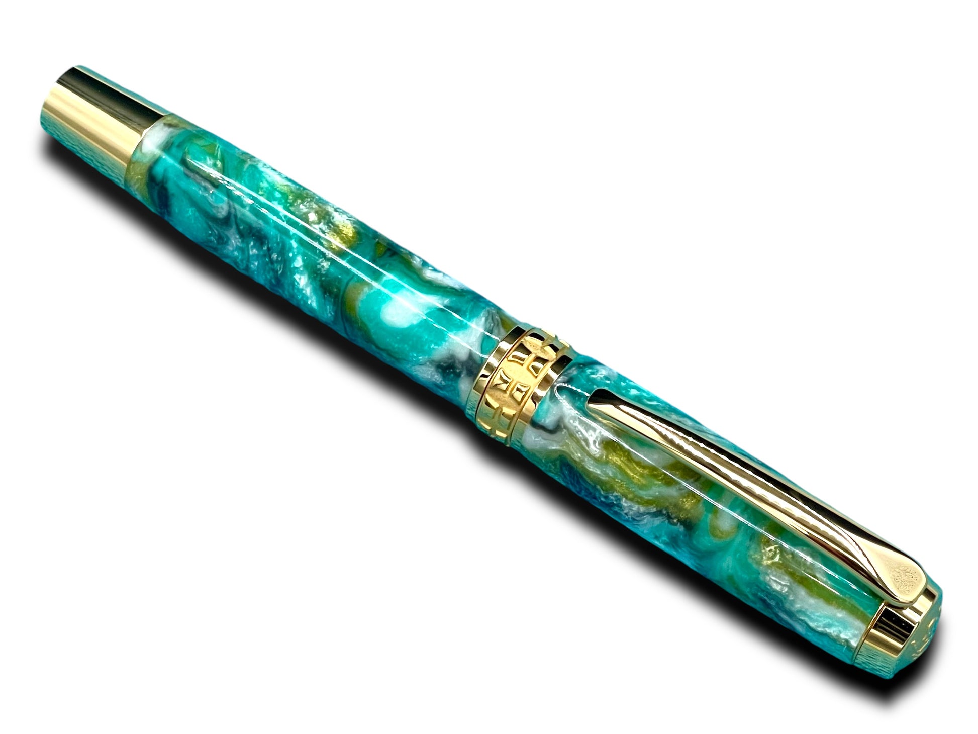 Elegant “Teal Swirl” Handcrafted Gold Rollerball Pen, One of a Kind, Handmade in Colorado. Ink, Velvet Sleeve, and Pen Box Included. - HighlanderPen