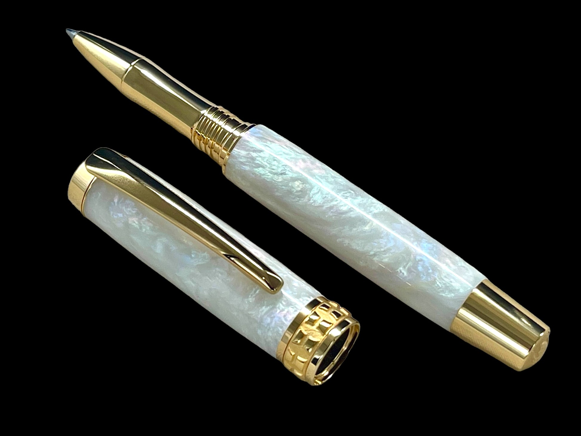 Elegant "Pearly Opal" Gold Rollerball Pen, Artisan Handcrafted Writing Instrument. Handmade Custom in Colorado. One of a Kind. - HighlanderPen