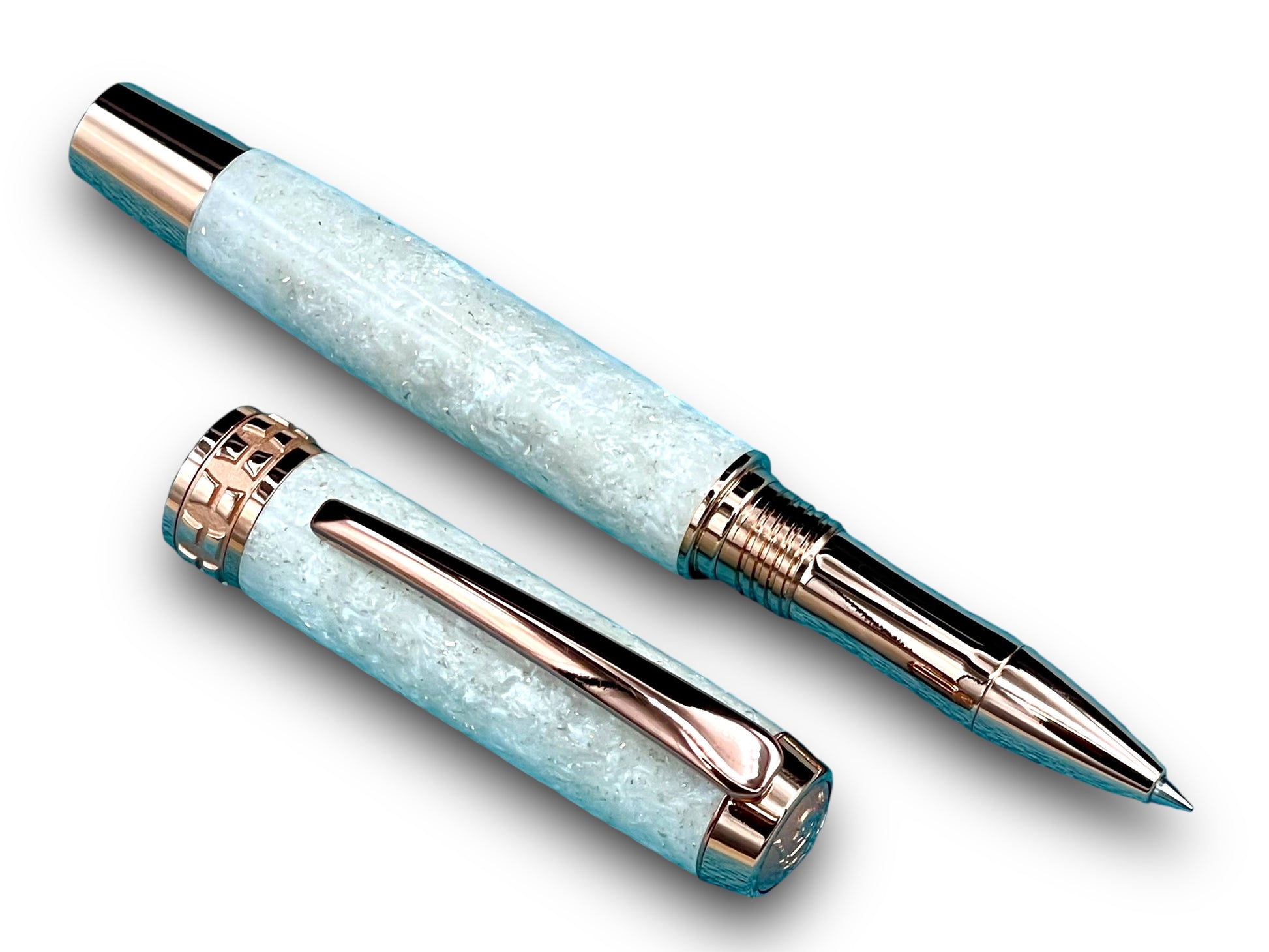 Elegant “Bling” Rose Gold Acrylic Rollerball Pen, Artisan Handcrafted Writing Instrument. One of a Kind, Box, Sleeve, & Ink Included. - HighlanderPen