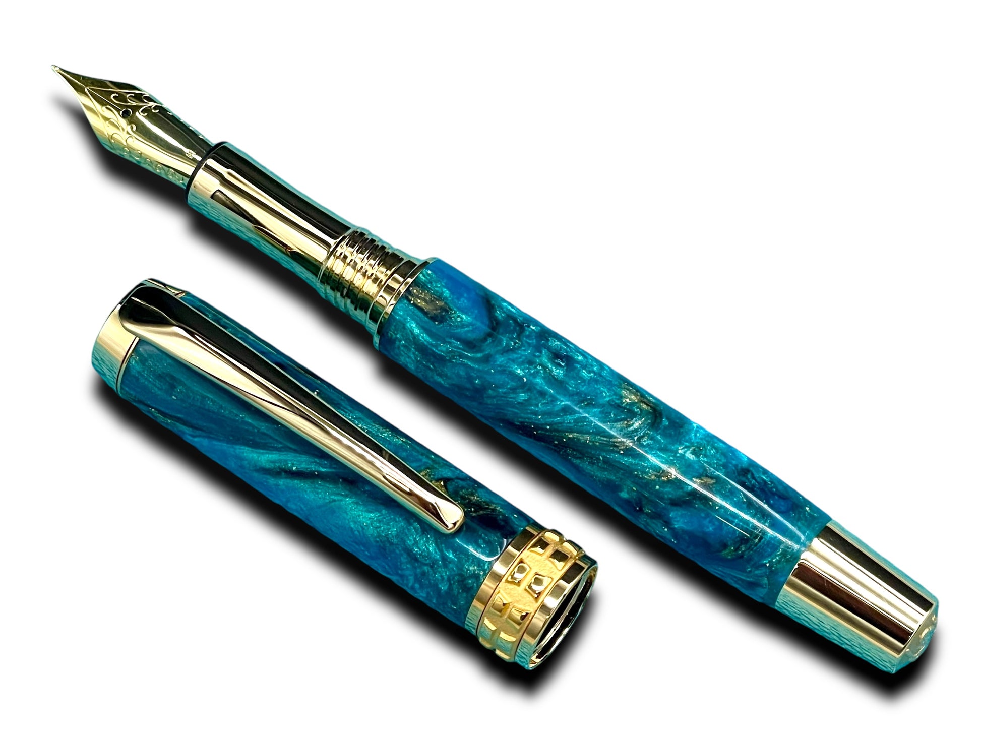 Elegant “Teal/Black/Gold” Handcrafted Luxury Gold Fountain Pen, One of a Kind, Handmade in Colorado. Ink, Converter, Sleeve, & Box Included. - HighlanderPen