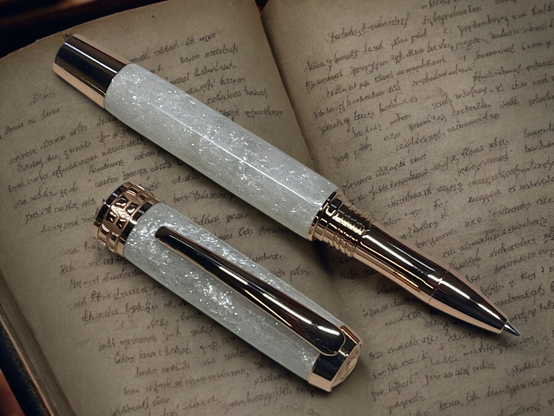 “Bling”, Rose Gold Acrylic Rollerball Pen, Artisan Handcrafted Writing Instrument. Handmade Custom in Colorado. One of a Kind. - HighlanderPen