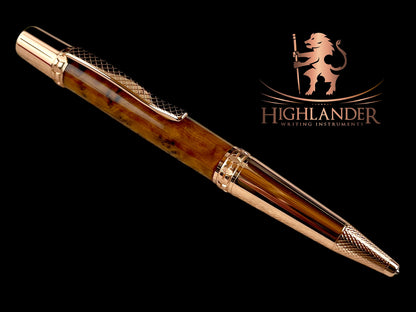 Rose Gold Exotic Thuya Burl Handmade Glasgow Ballpoint Pen. One of a Kind, Handcrafted by Highlander Pen. Box, Ink, & Sleeve Included. [ML-BP-1208-01]