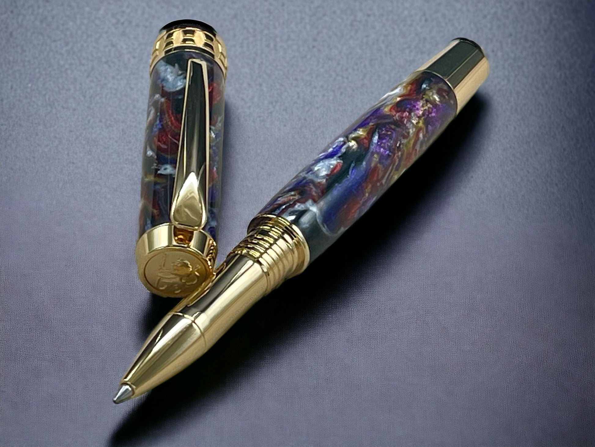 Whimsical Black, One of a Kind Gold “SKYE”, Handmade Custom Acrylic Rollerball Pen. Artisan Rare & Unique, Completely Handcrafted  in Co, USA - HighlanderPen