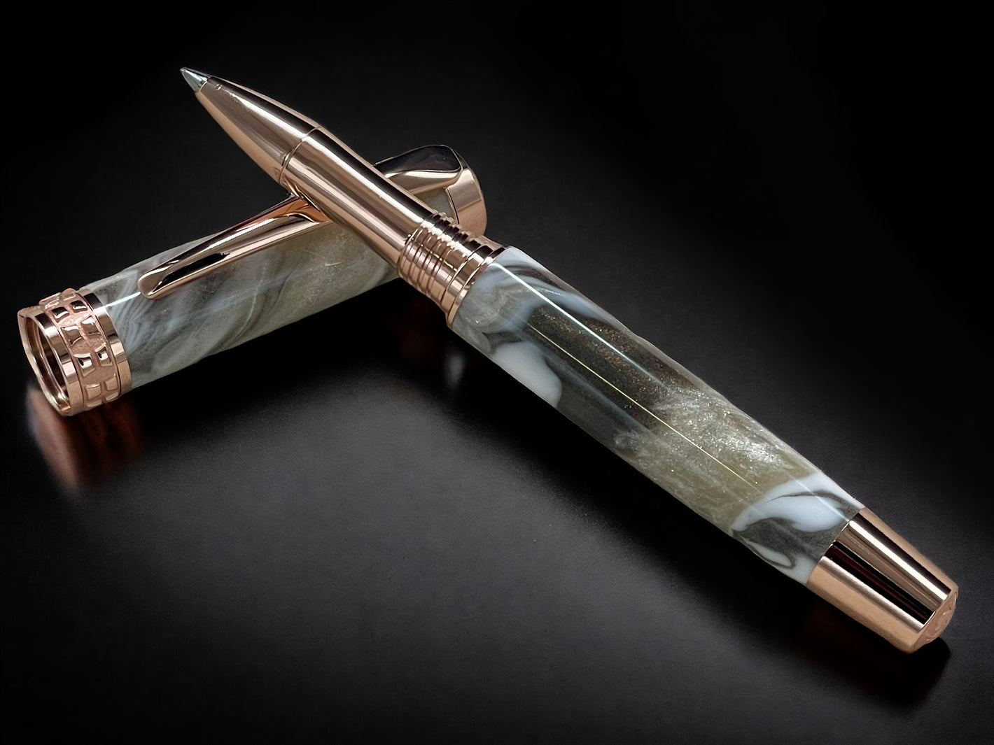 “Champagne Marble”, One of a Kind, Rose Gold, Handmade Custom Acrylic Rollerball Pen. Artisan Rare & Unique, Completely Handcrafted  in Co, US - HighlanderPen