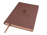 Medium Dark Brown Saffiano PU Leather Journal, 8 1/4” X 5 3/4”, 120 GSM, Rose Gold Gilded Edges, Satin Ribbon, 25 Lines/Page, 192 Pages, In Box. - HighlanderPen