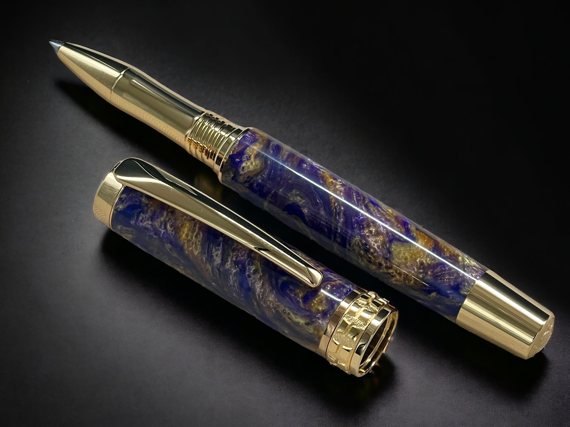 Purple and Gold Swirl, One of a Kind, Gold Handmade Custom Rollerball Pen. Artisan Rare & Unique, Completely Handcrafted in Co, USA - HighlanderPen