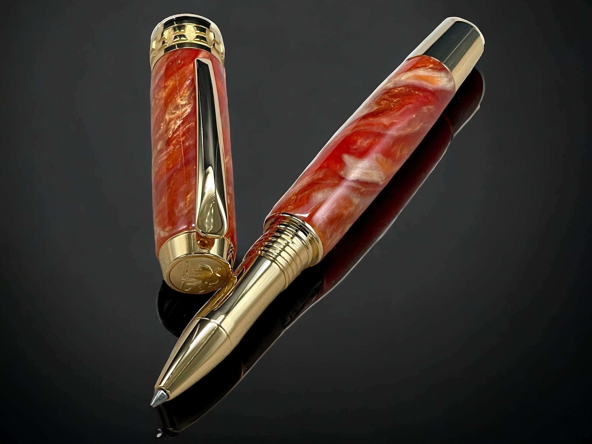 “Orangesicle Swirl”, One of a Kind, Gold Handmade Custom Rollerball Pen. Artisan Rare & Unique, Completely Handcrafted in Co, USA - HighlanderPen