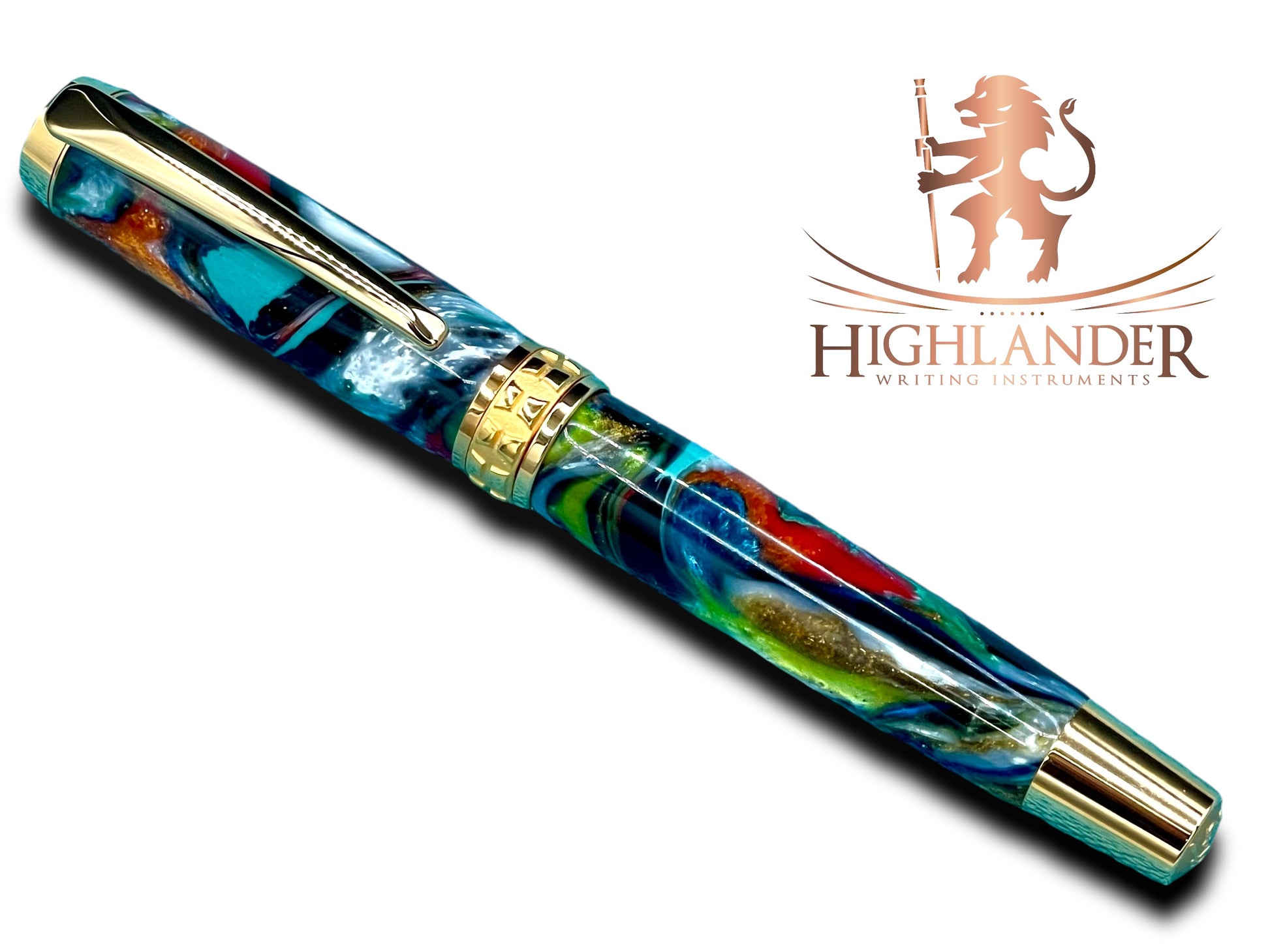 Elegant “Bright Swirls” Handcrafted Gold Rollerball Pen, One of a Kind, Handmade in Colorado. Ink, Velvet Sleeve, and Pen Box Included. - HighlanderPen