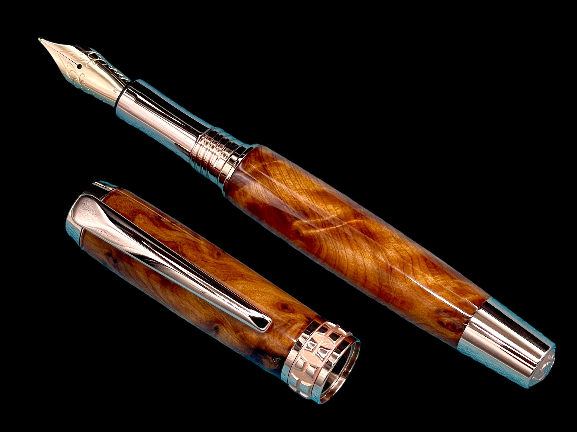 Exotic Thuya Burl Wood~Highlander Rose Gold Fountain Pen, One of a Kind, Handmade in Colorado. Ink, Converter, Pen Sleeve & Box Included. - HighlanderPen