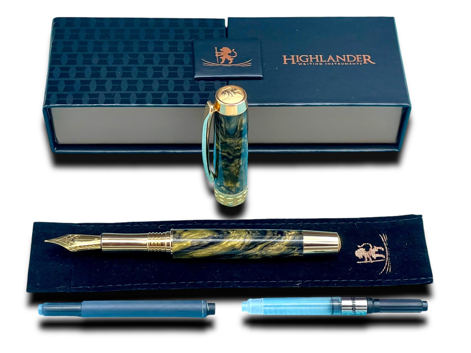 Striking “Black and Gold” Handcrafted Luxury Gold Fountain Pen, One of a Kind, Handmade in Colorado. Ink, Converter, Sleeve, & Box Included. - HighlanderPen