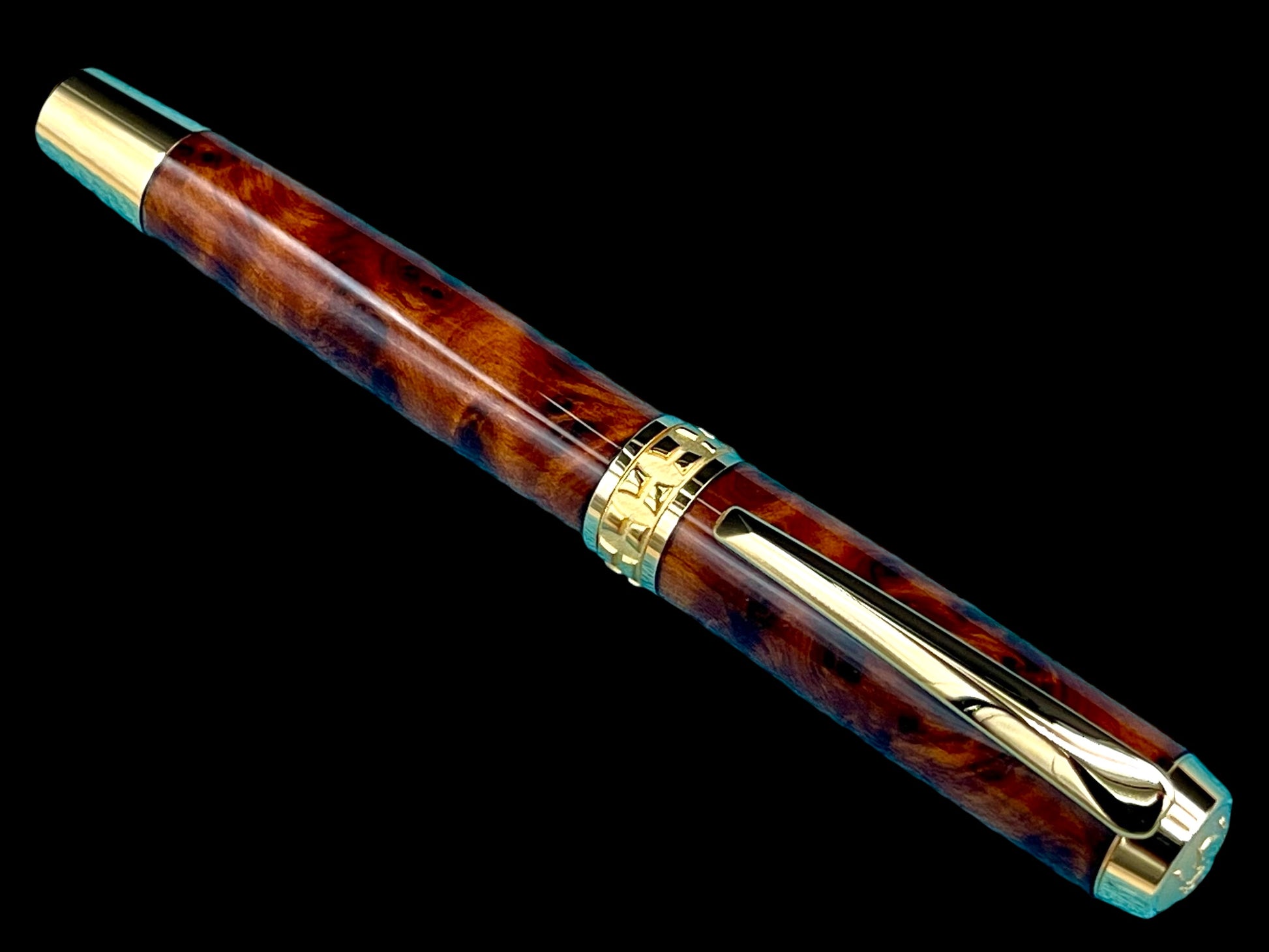 Exotic Thuya Burl Wood~Highlander Handcrafted Gold Rollerball Pen, One of a Kind, Handmade in CO. Ink, Velvet Sleeve, and Pen Box Included. (ML-RB-0926-03) - HighlanderPen