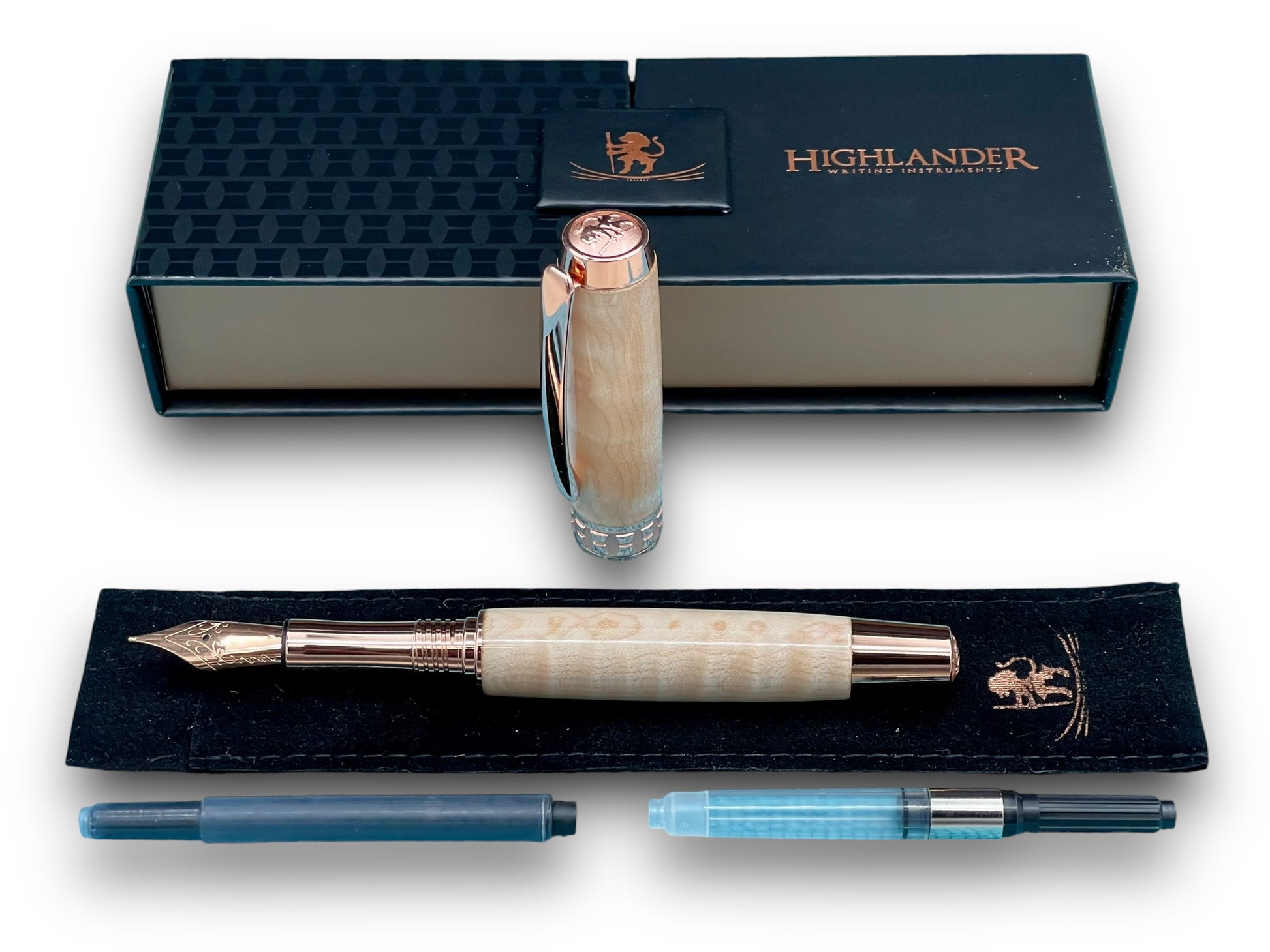 Exotic Curly Hard Maple Wood Rose Gold Fountain Pen, One of a Kind, Handmade in Colorado. Ink, Converter, Pen Sleeve & Box Included. - HighlanderPen