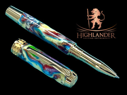 Striking “Color Swirls” Handcrafted Gold Rollerball Pen, One of a Kind, Handmade in Colorado. Ink, Velvet Sleeve, and Pen Box Included. - HighlanderPen