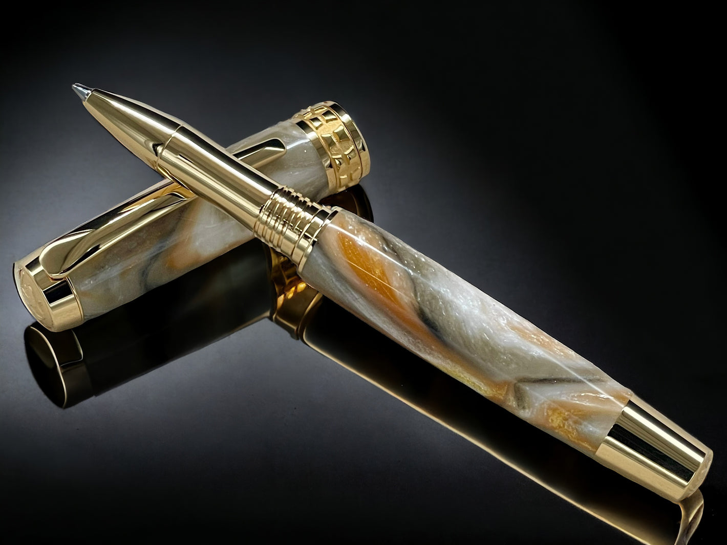 “Peach Swirl”, One of a Kind Gold SKYE, Handmade Custom Acrylic Rollerball Pen. Artisan Rare & Unique, Completely Handcrafted  in Co, USA - HighlanderPen