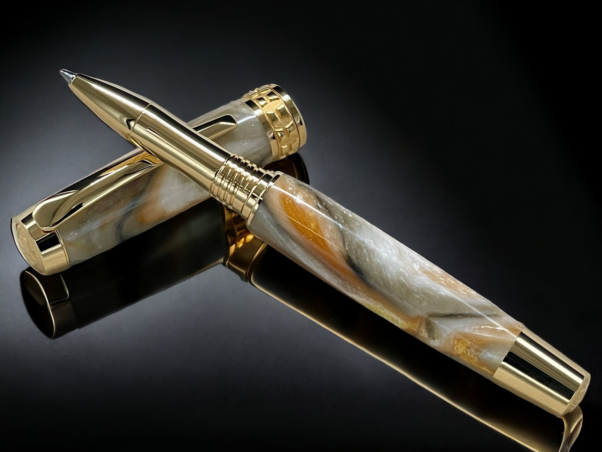 “Peach Swirl”, One of a Kind Gold SKYE, Handmade Custom Acrylic Rollerball Pen. Artisan Rare & Unique, Completely Handcrafted  in Co, USA - HighlanderPen