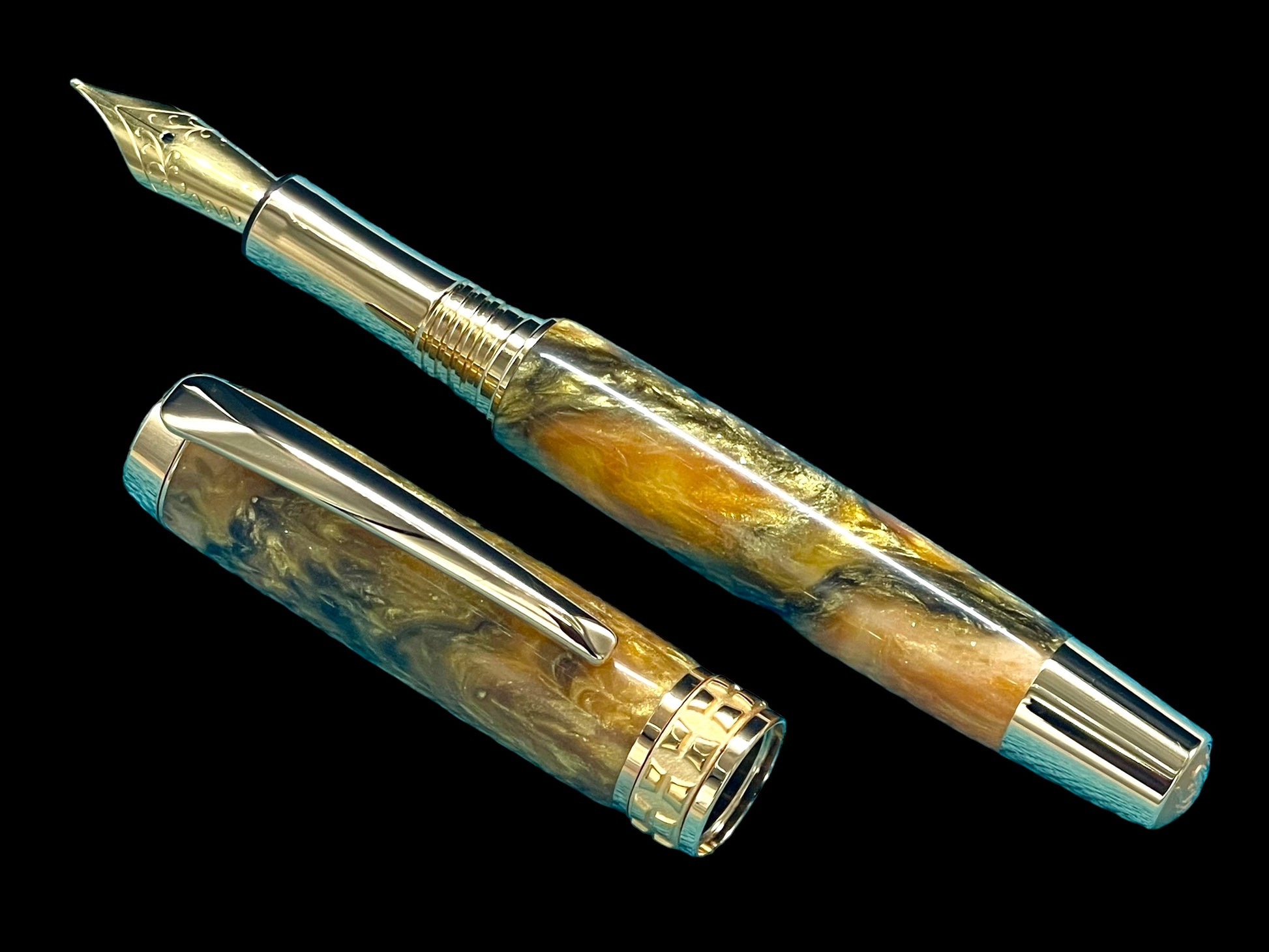 Striking “Gold-Orange Swirl” Handcrafted Gold Fountain Pen, One of a Kind, Handmade in Colorado. Ink, Converter, Sleeve, & Box Included. - HighlanderPen