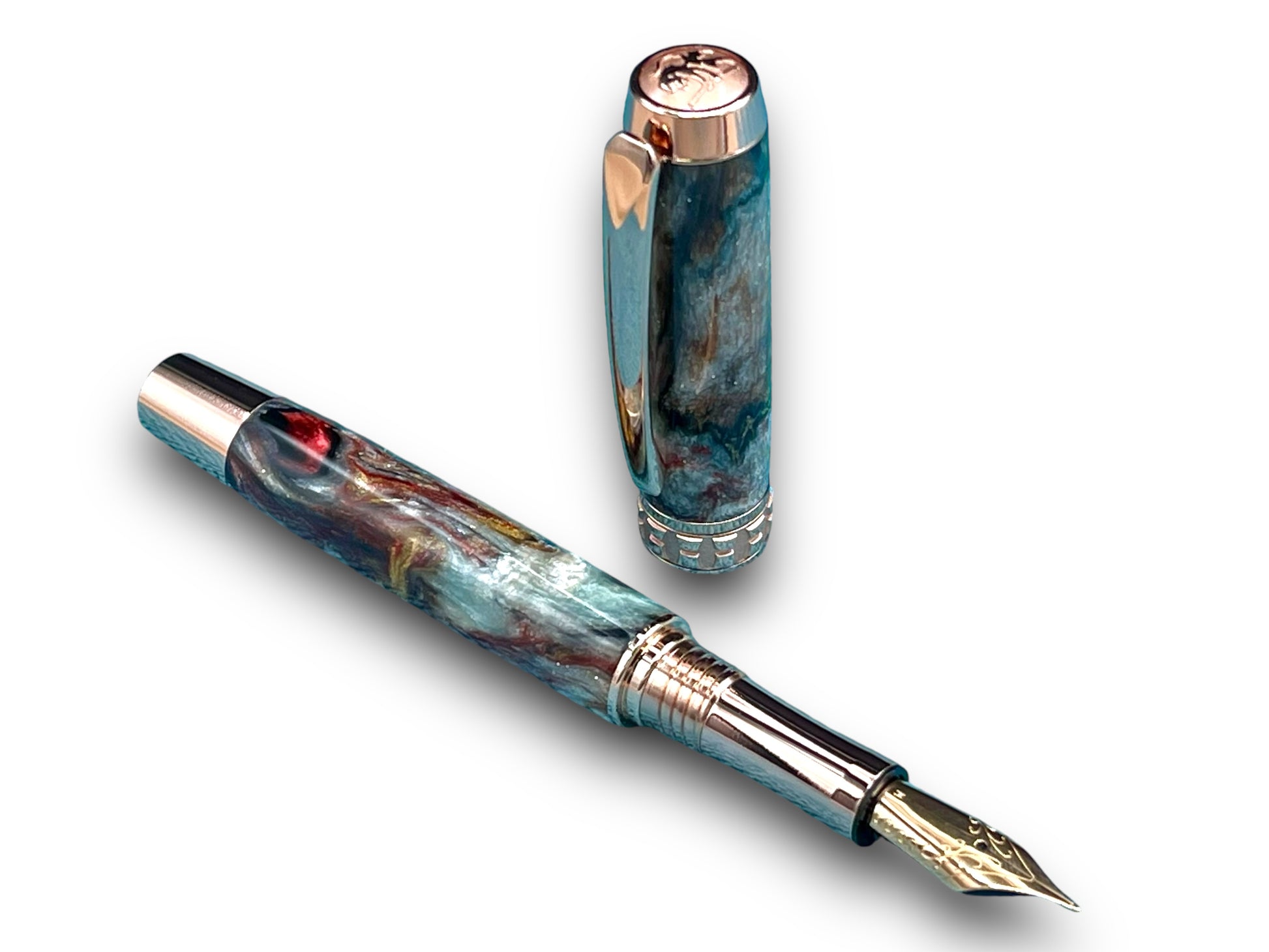 Elegant “Mosaic Glass” Rose Gold Acrylic Fountain Pen, One of a Kind, Handmade in Colorado. Ink, Converter, Pen Sleeve & Box Included. - HighlanderPen