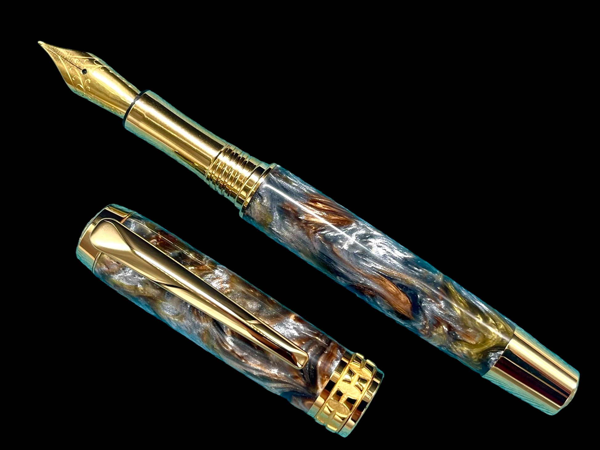 Striking “Molten Metals” Handcrafted Luxury Gold Fountain Pen, One of a Kind, Handmade in Colorado. Ink, Converter, Sleeve, & Box Included. - HighlanderPen